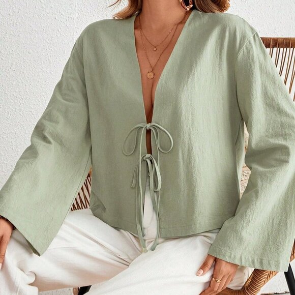 Army Green Casual Women's Vacation Tie Front Flare Sleeve Blouse Shirt - Picture 5 of 7